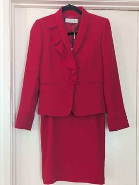 Tahari ASL Red Ruffle-Front Skirt Suit